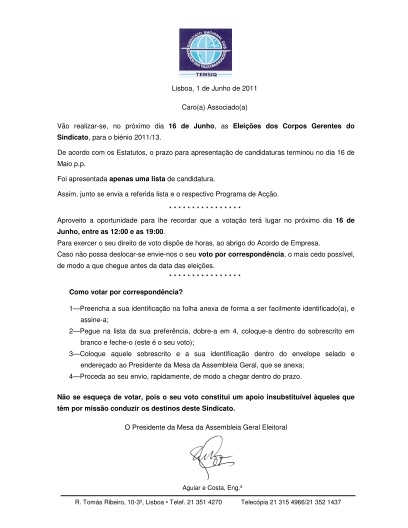 Carta Assembleia Geral Eleitoral 2011