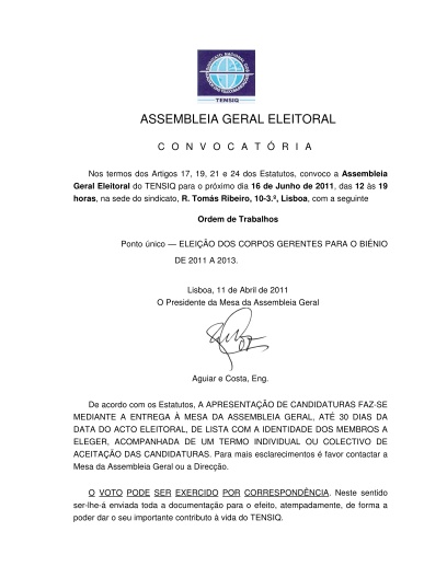 Convocatoria Assmbleia Geral Eleitoral 2011