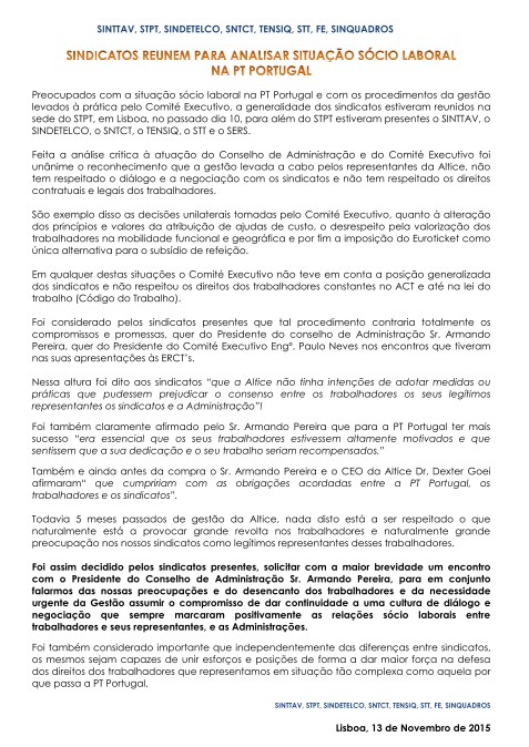 Sindicatos reunem para analisar situacao socio laboral na PT Portugal